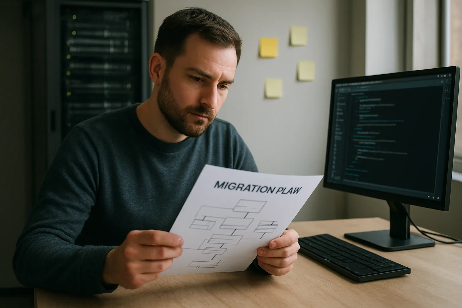 Una persona revisa un tablero de repositorios en una oficina con una pantalla mostrando proyectos de código y notas de migración.