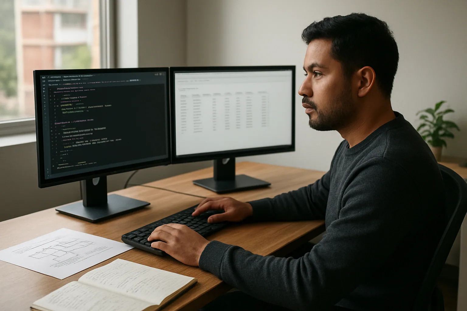 Un analista revisa una consulta SQL en una terminal mientras en otra pantalla se ve un conjunto de datos tabular y gráficos de rendimiento.