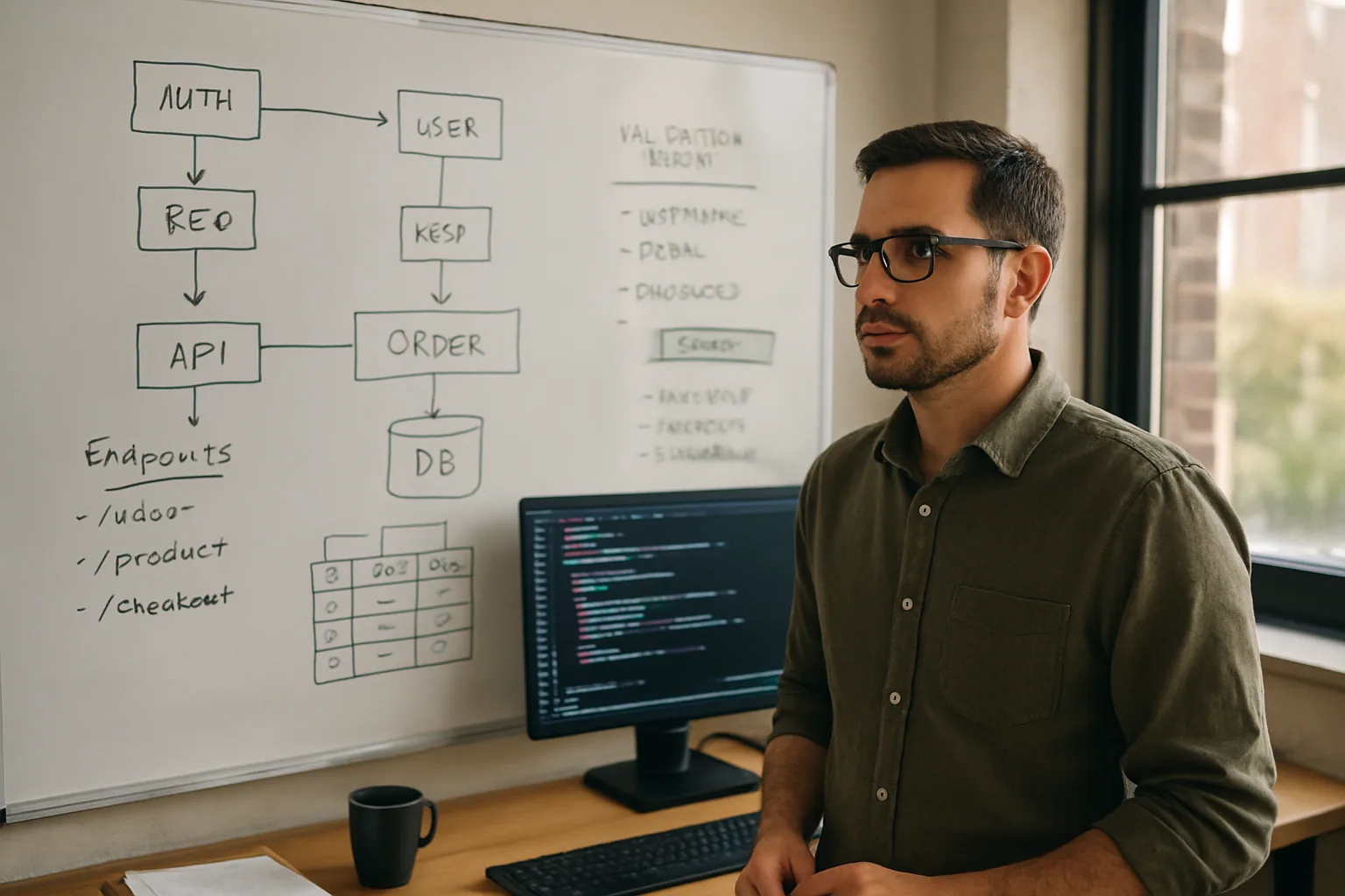 Una desarrolladora revisa en una pizarra de oficina un diagrama de backend con servicios, colas y validaciones mientras compara resultados de un agente de IA en una laptop.