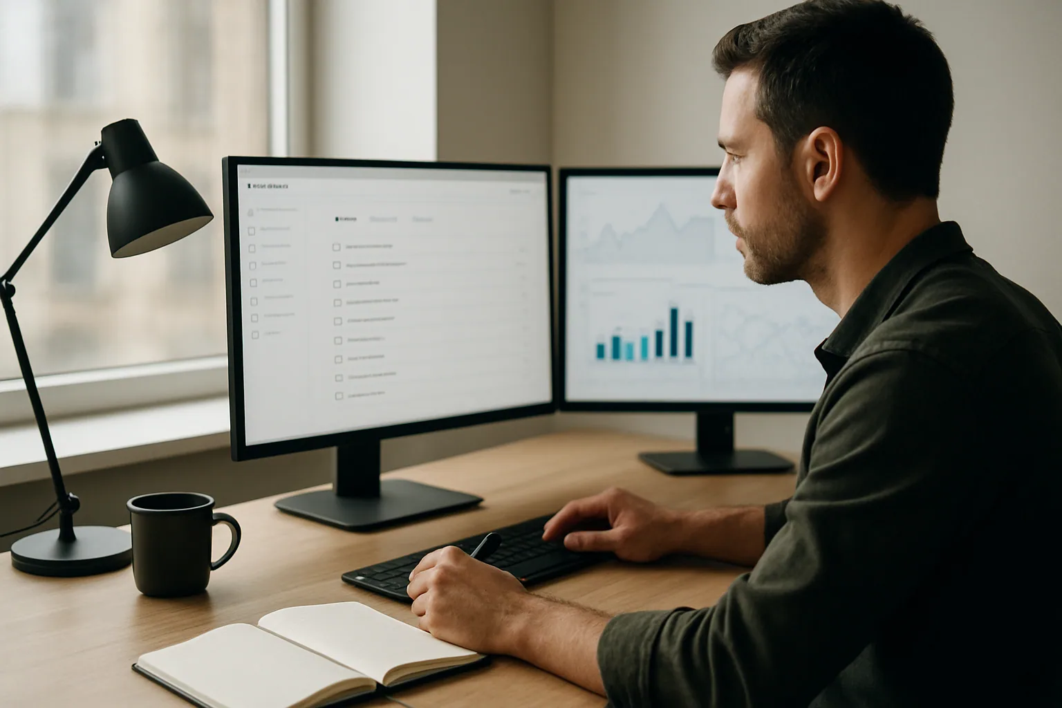 Una persona usando una interfaz de gestión de tareas en una pantalla grande dentro de una oficina moderna, con gráficos de rendimiento visibles en un monitor secundario.