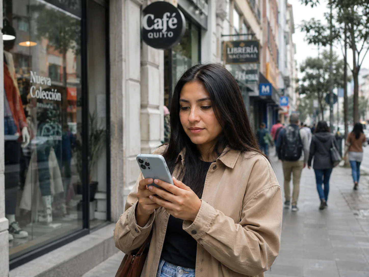 Persona caminando por una calle comercial mientras usa su smartphone para buscar un negocio local.