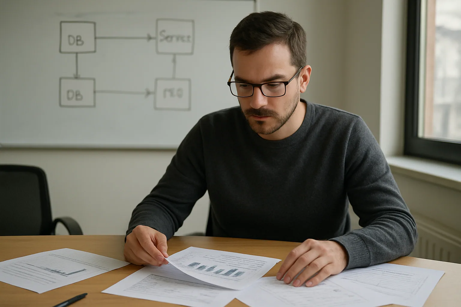 Una persona revisa en una oficina un tablero con métricas de servicio y notas de migración mientras una pizarra muestra diagramas de arquitectura de backend.