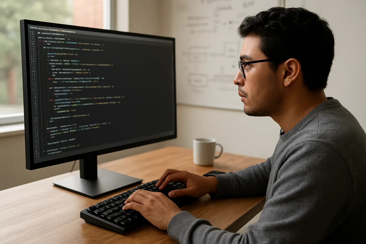 Una desarrolladora revisa código JavaScript en una pantalla grande mientras al lado hay notas de arquitectura y una taza de café en un escritorio de oficina.