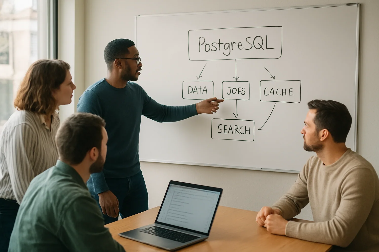 Un equipo técnico revisa en una pizarra una arquitectura basada en Postgres con diagramas de servicios, tablas y flechas de flujo en una sala de reuniones.