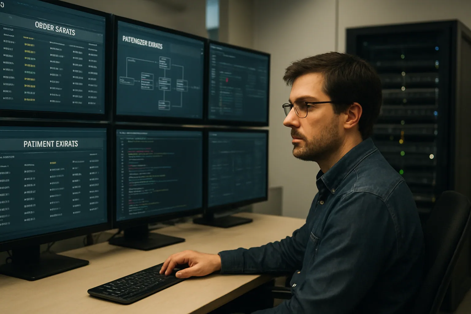 Un ingeniero revisa en una sala de operaciones varias pantallas con estados de pedidos y eventos de un sistema distribuido mientras una base de datos central se muestra en un monitor al fondo.
