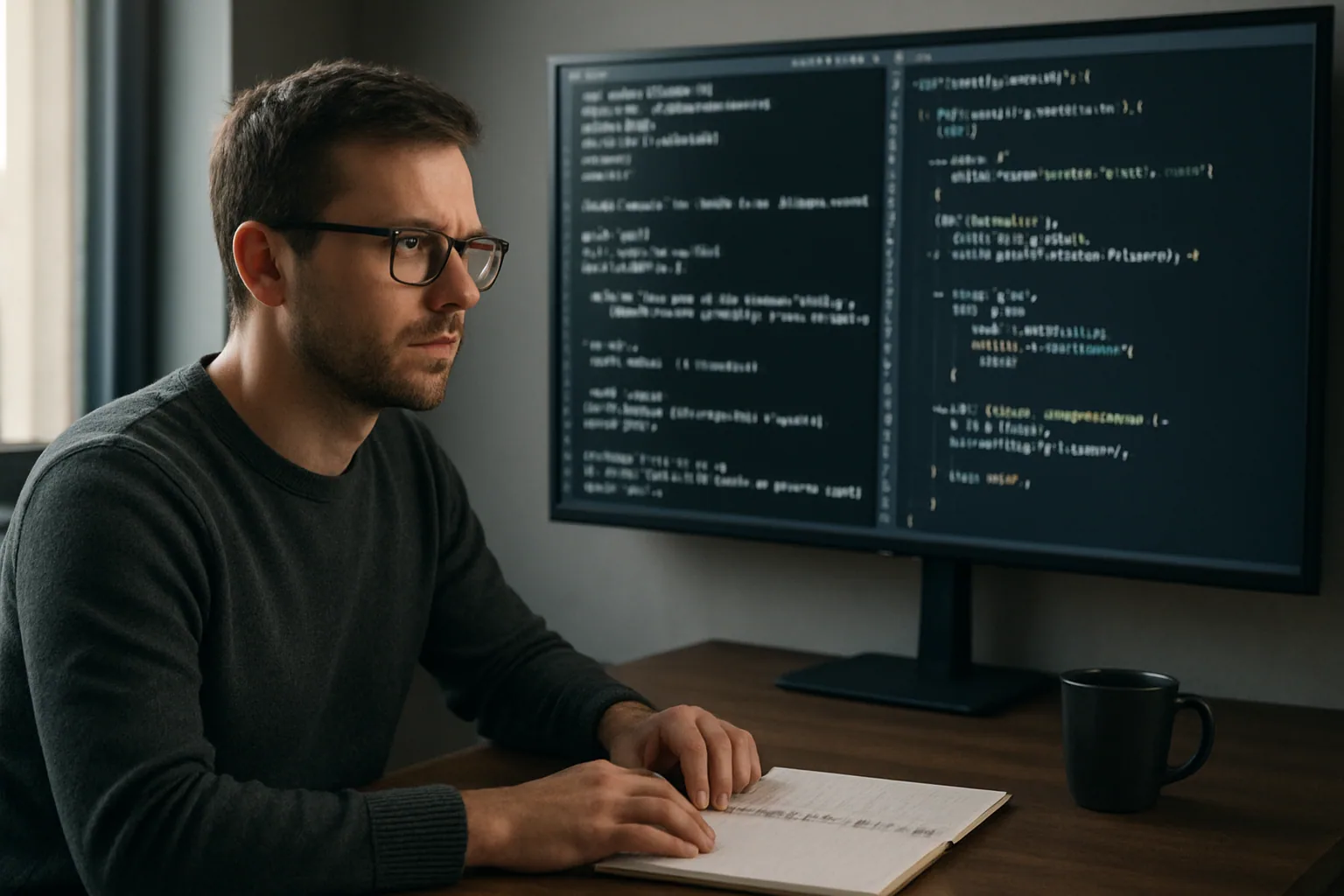 Un ingeniero revisa en una pantalla múltiples terminales con pruebas de PostgreSQL y código Rust en una oficina técnica.