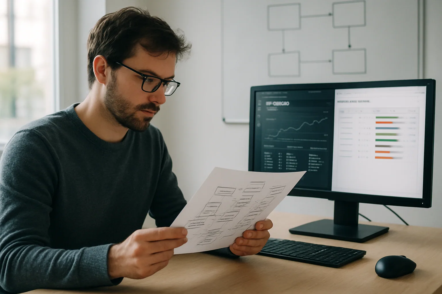 Un ingeniero revisa una consola con una base de datos Postgres y diagramas de procesos en una oficina moderna.