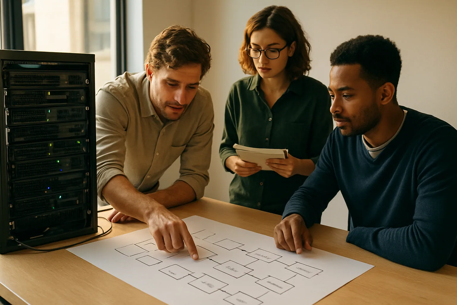 Un equipo de ingeniería revisa en una sala de trabajo un diagrama impreso de un workflow con nodos y flechas junto a un servidor encendido al fondo.
