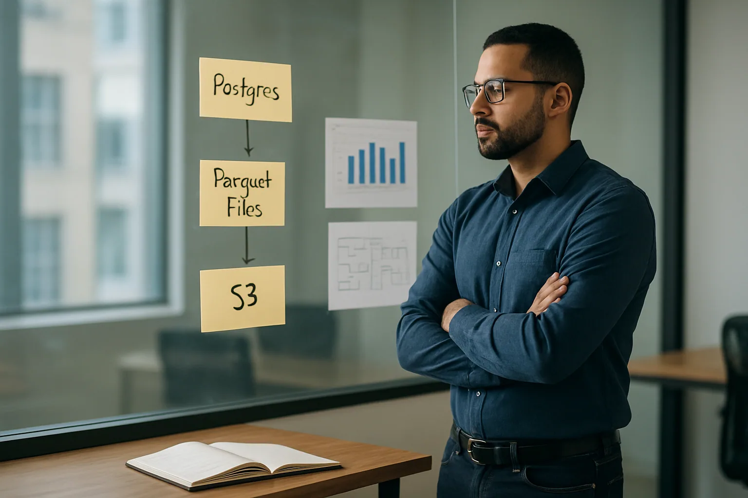 Una ingeniera revisa un panel de arquitectura de datos en una sala de trabajo con diagramas de Postgres, Parquet y S3 en una pantalla grande.