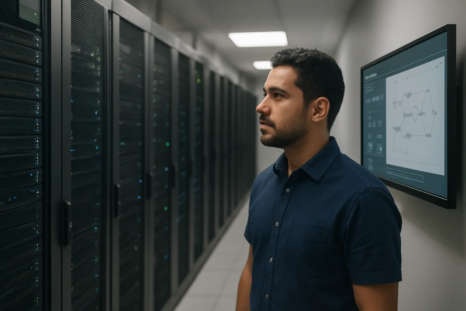 Una persona revisa un clúster de servidores en un cuarto de datos moderno mientras en una pantalla se ve un panel de PostgreSQL y flujos de trabajo representados como nodos conectados.