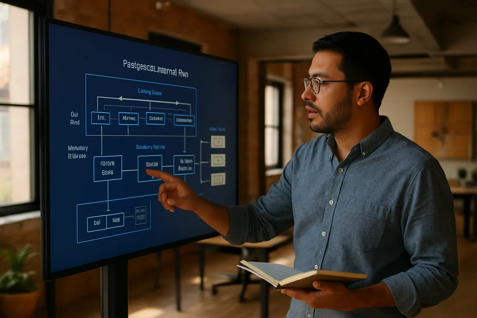 Una persona técnica observa un diagrama visual de PostgreSQL con nodos, buffers y bloques de almacenamiento en una pantalla grande dentro de una sala de trabajo.