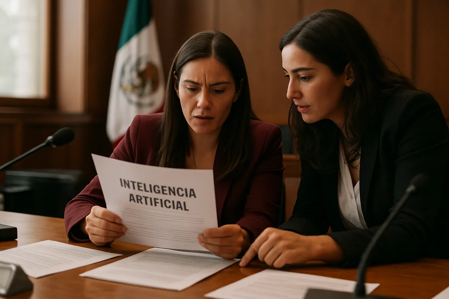 Una legisladora mexicana revisa documentos sobre inteligencia artificial en una mesa de trabajo dentro de un recinto oficial.