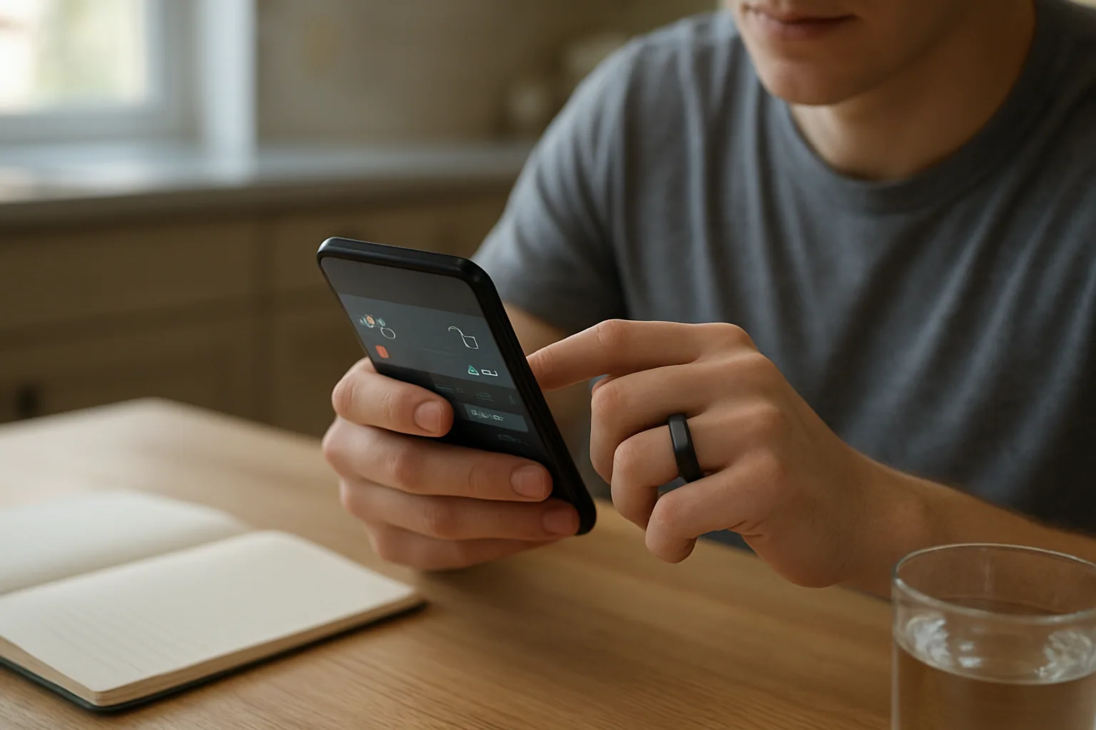 Un anillo inteligente Oura junto a un teléfono móvil sobre una mesa de madera, con una persona revisando datos de salud en pantalla.