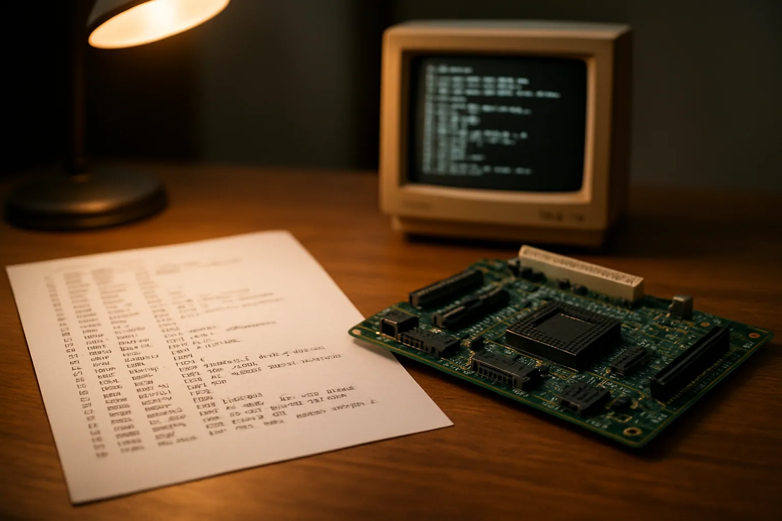 Una persona revisa código ensamblador en una hoja impresa junto a una placa retro y una pantalla con texto técnico en un escritorio oscuro.