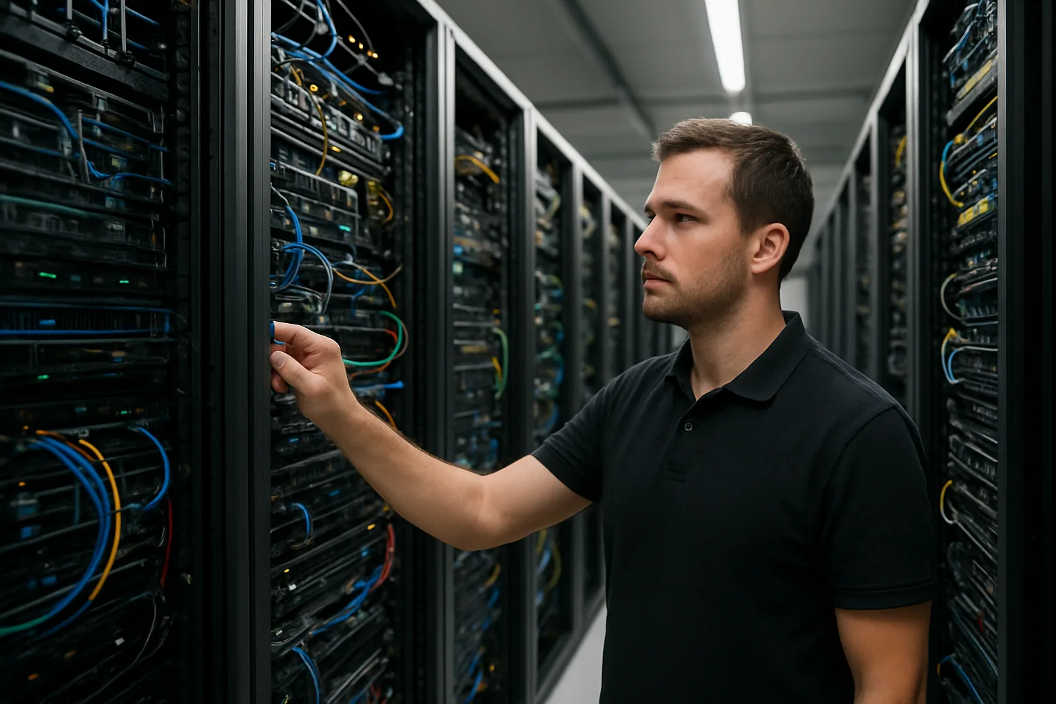 Un centro de datos con racks de servidores de alta densidad y un técnico revisando cableado y paneles de energía en un pasillo iluminado con luz blanca.