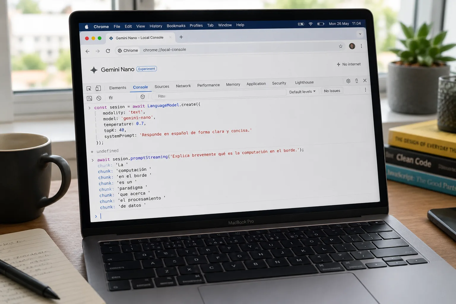Una laptop ejecutando un chat con Gemini Nano corriendo localmente en Chrome sin conexión a internet