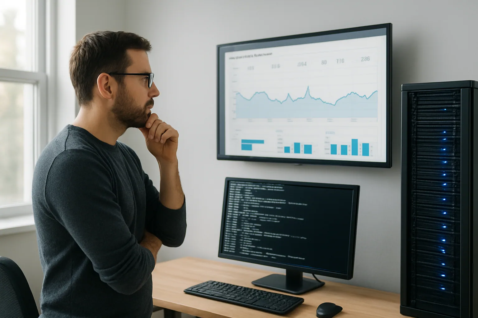 Una persona técnica revisa métricas de rendimiento en una pantalla mientras un servidor y una terminal muestran datos de serialización en un entorno de trabajo.