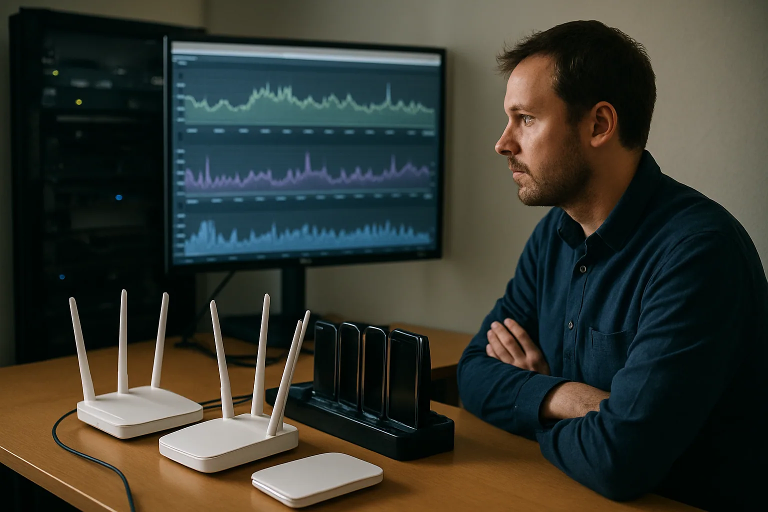 Una persona revisa métricas de tráfico web en un monitor mientras al fondo se ven varios teléfonos conectados a una red doméstica en una oficina técnica.