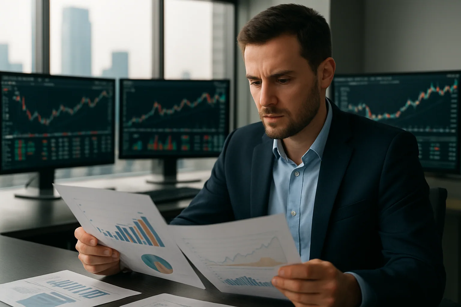 Un operador observa varias pantallas con gráficos bursátiles mientras en otra mesa hay informes impresos sobre empresas de IA y cohetes espaciales.