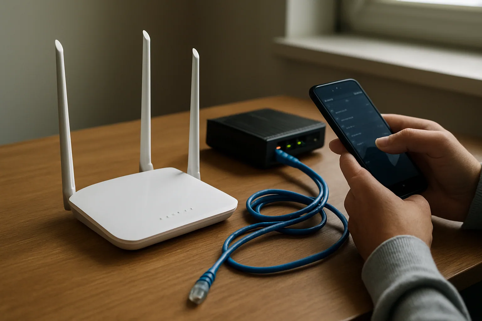 Un router Tenda blanco sobre una mesa junto a un módem de fibra y cables de red en una oficina pequeña, con una persona revisando la configuración desde un teléfono.