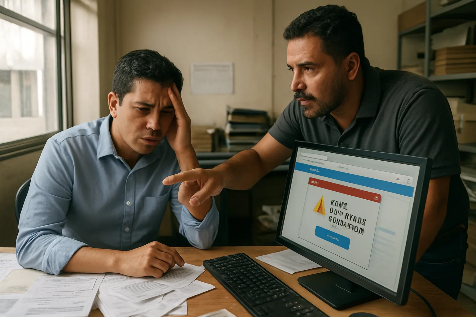 Un trabajador de una PyME revisa una computadora de escritorio en una oficina pequeña mientras un mensaje de advertencia de seguridad aparece en el monitor.