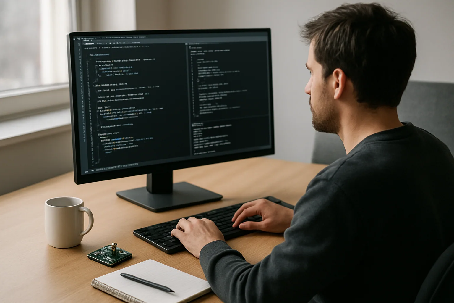 Una persona de desarrollo revisa una terminal en un monitor de escritorio mientras un contenedor con cables y un pequeño dispositivo de pruebas está sobre la mesa, en una oficina técnica iluminada por luz natural.