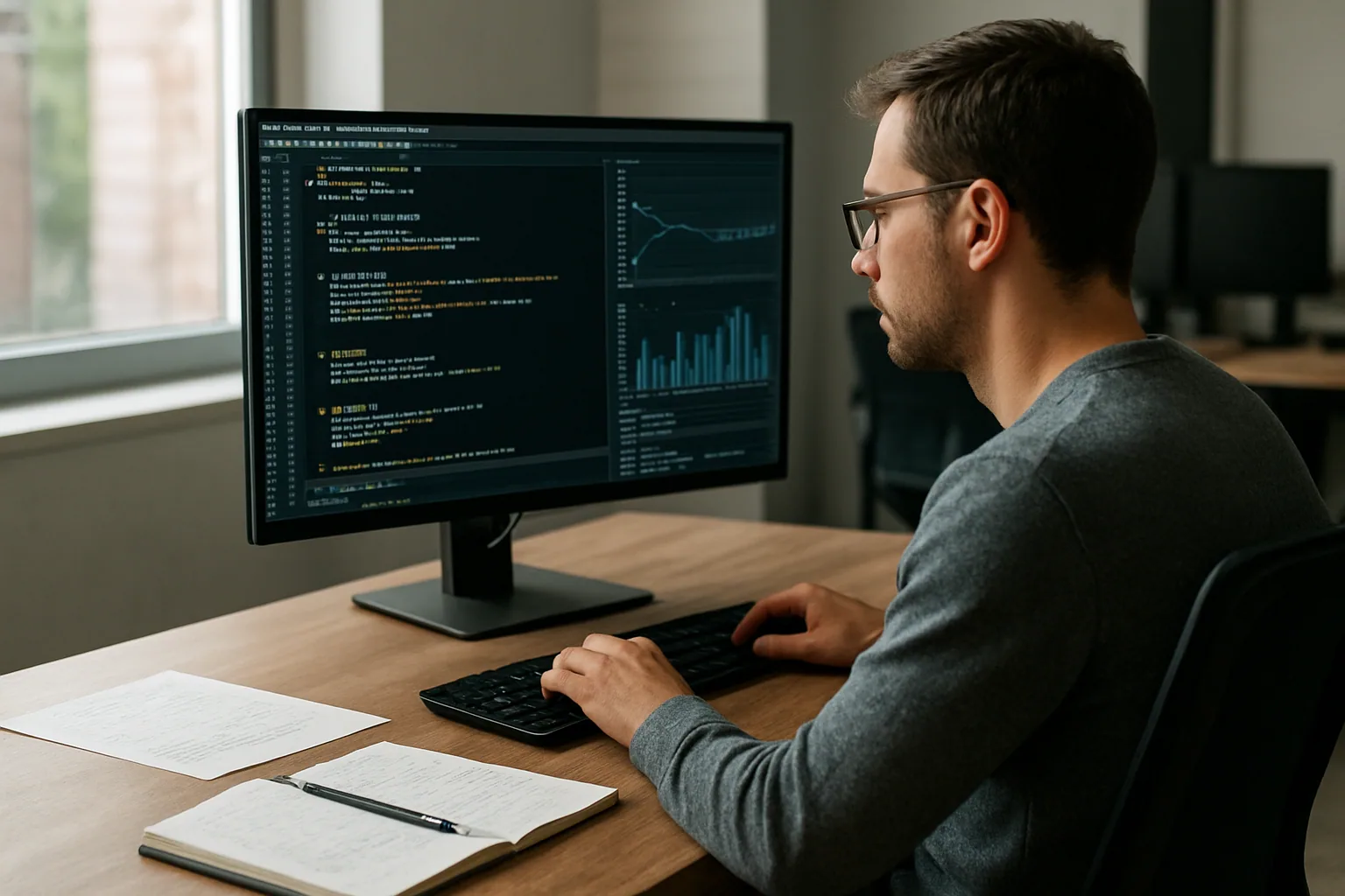 Una persona revisa una laptop con código de Python en pantalla mientras al lado hay notas impresas sobre rendimiento y arquitectura de software.