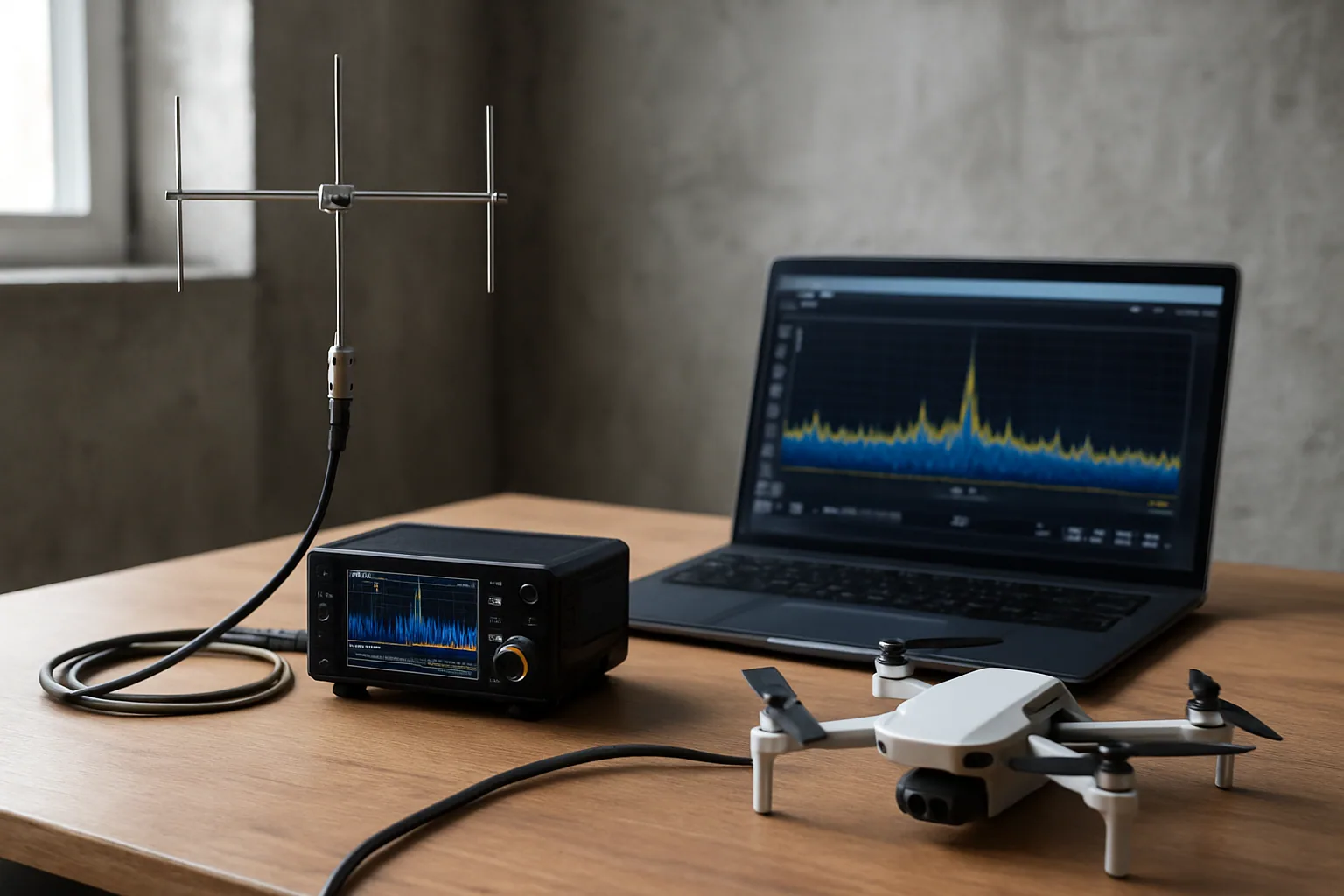Un equipo de radio definida por software conectado a una computadora portátil muestra señales inalámbricas mientras una antena apunta hacia una pared y un dron pequeño está sobre una mesa de trabajo.