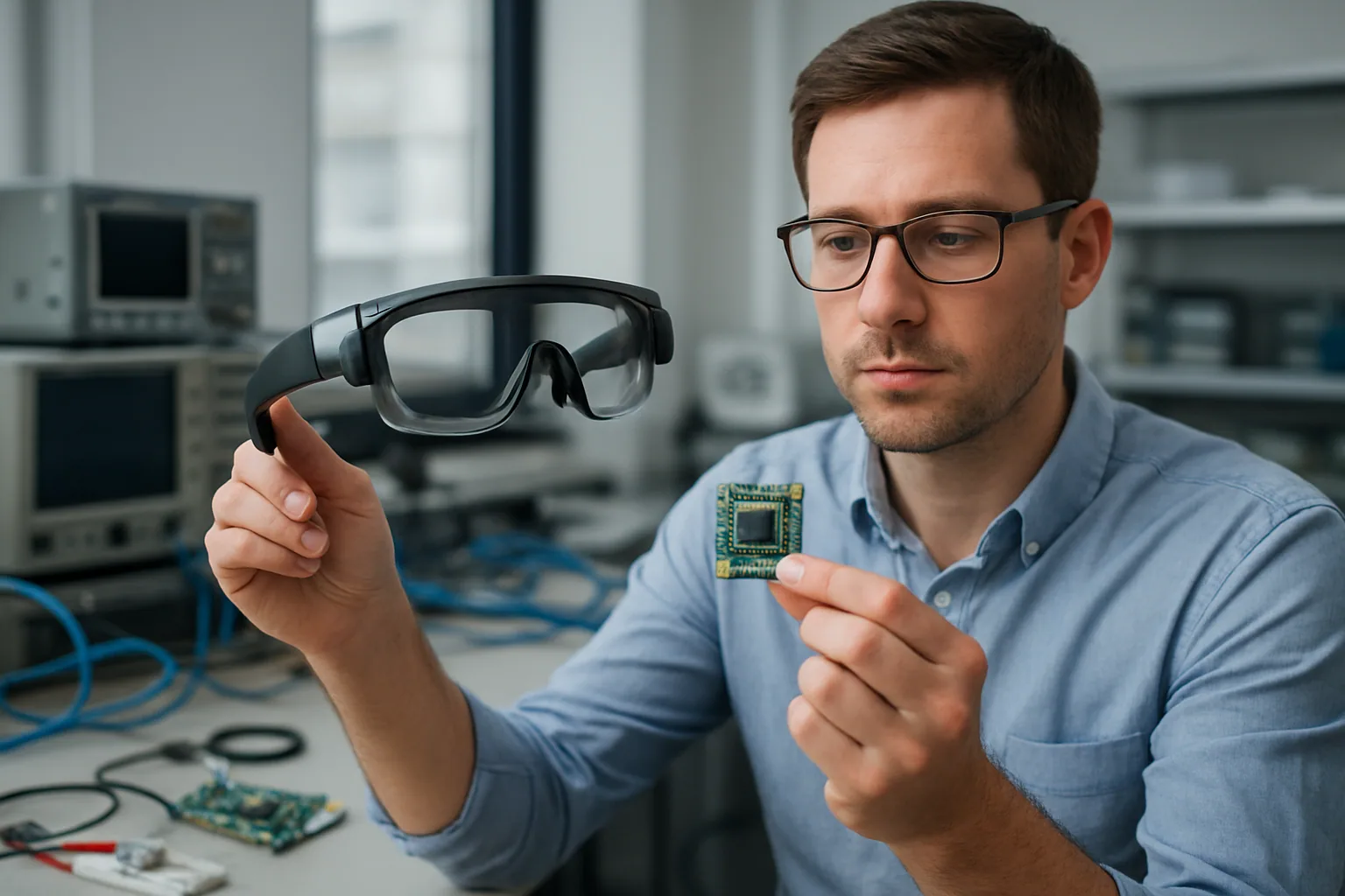 Una persona sostiene unas gafas de realidad aumentada frente a una mesa de laboratorio con componentes electrónicos y herramientas de prototipado.