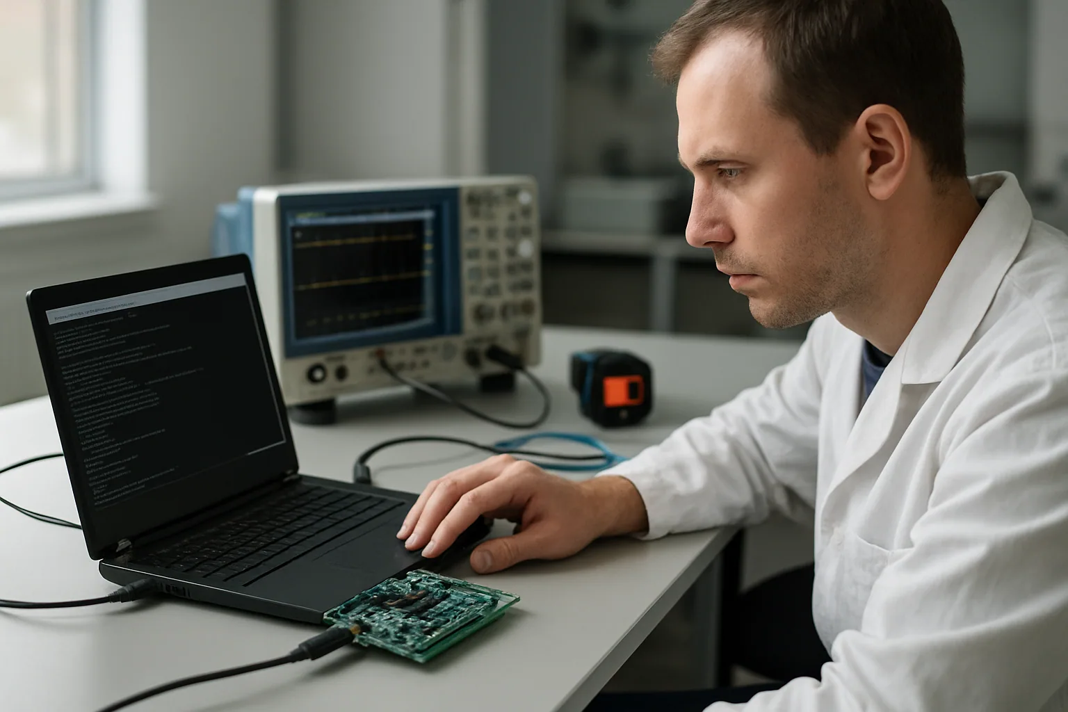 Un técnico revisa una laptop ARM conectada a una placa de desarrollo Qualcomm en un laboratorio con herramientas y cables visibles.