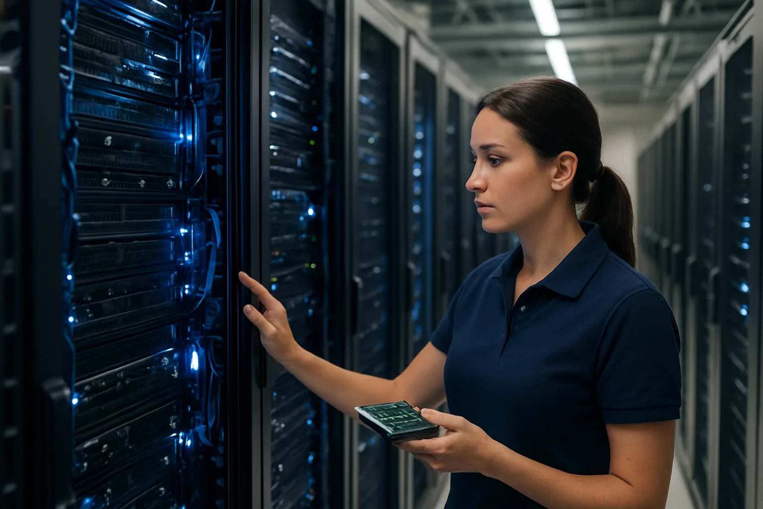 Servidor en un rack de centro de datos con técnicos revisando equipos y una tarjeta de procesador en primer plano.