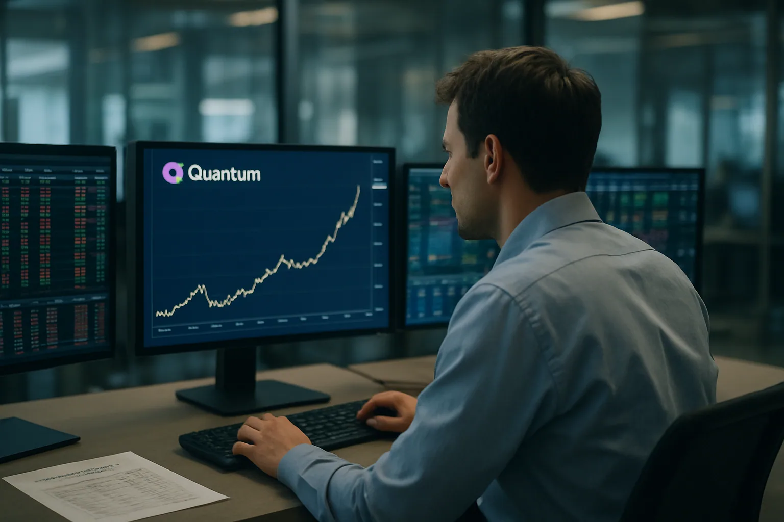 Un trader observa varias pantallas con gráficos bursátiles mientras una sala de negociación moderna refleja el debut de una empresa de computación cuántica.