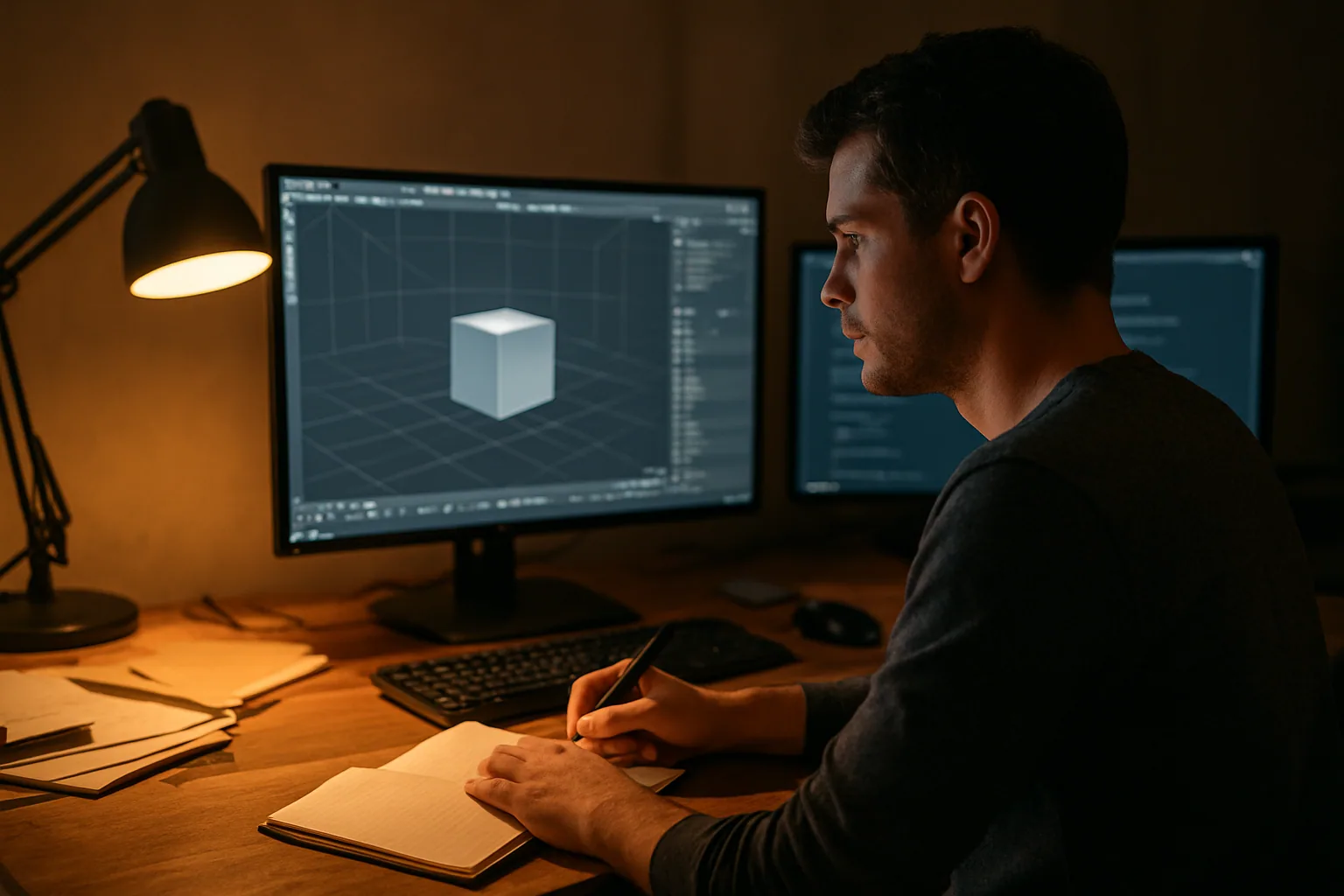 Una persona revisa un monitor con una escena 3D en un motor de gráficos mientras sostiene una libreta con apuntes técnicos en un escritorio de trabajo.