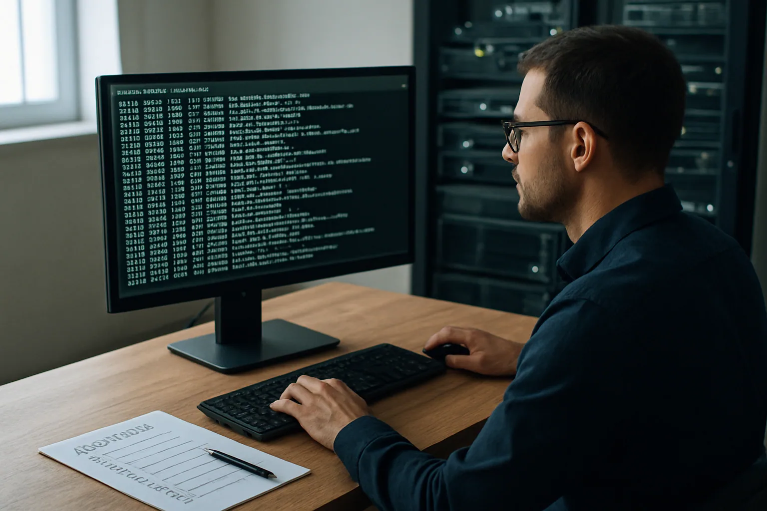 Una persona revisa en una terminal de escritorio los datos que una CLI de IA envía a un proveedor, con un cuaderno de auditoría y un monitor secundario en una oficina.