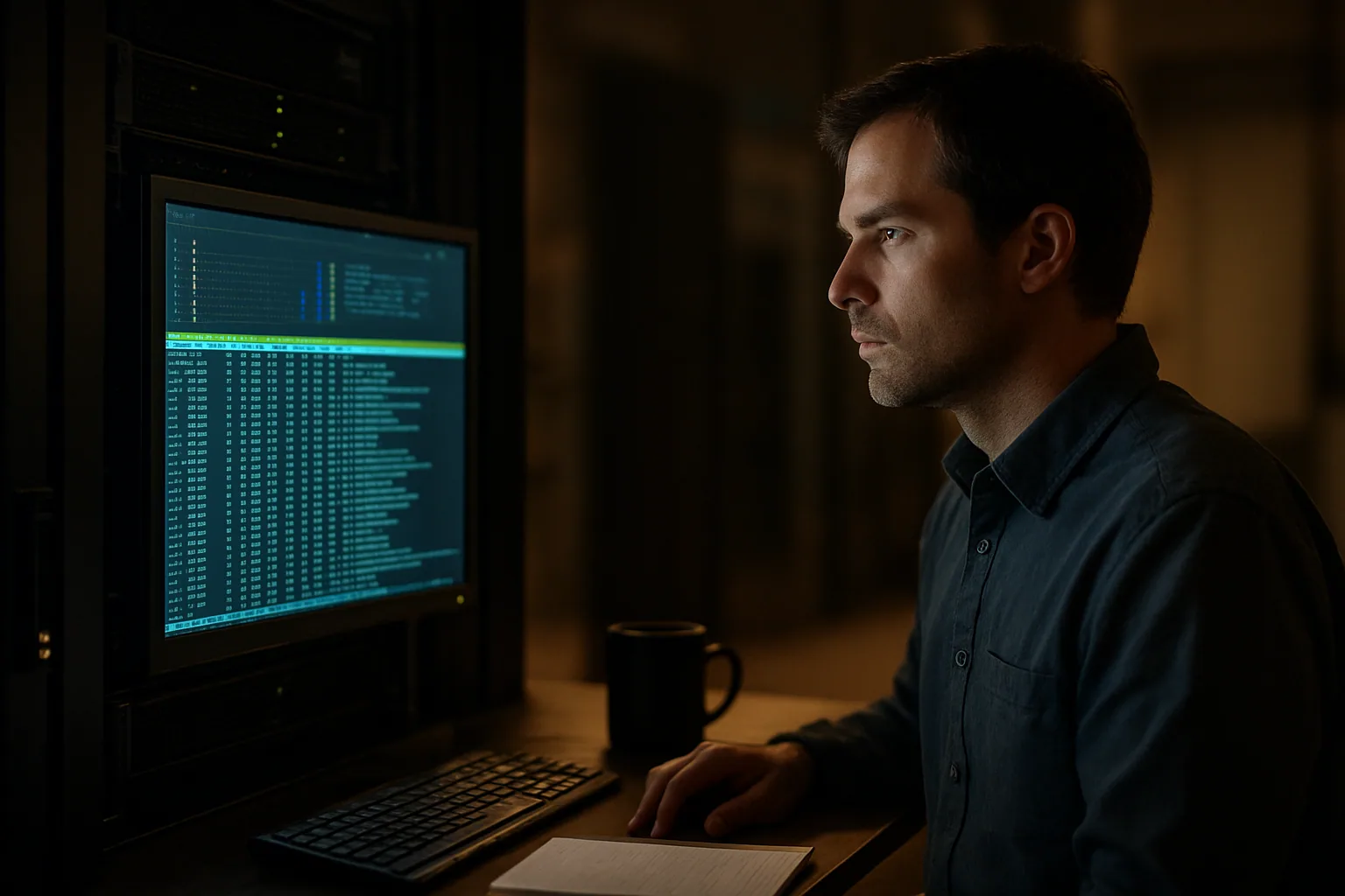 Una persona en un escritorio de operaciones revisa una terminal con htop abierto mientras monitorea procesos y uso de CPU en un servidor Linux.