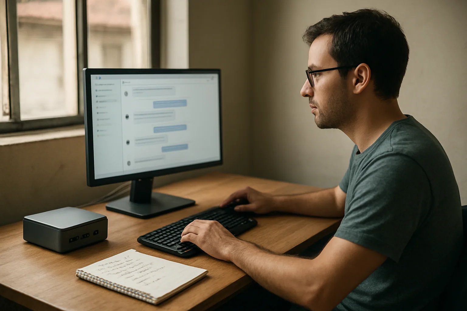 Una persona trabaja en una mesa con una mini PC conectada a un monitor mostrando una interfaz de chat de IA, junto a una libreta y un teléfono, en una oficina sobria con luz natural.