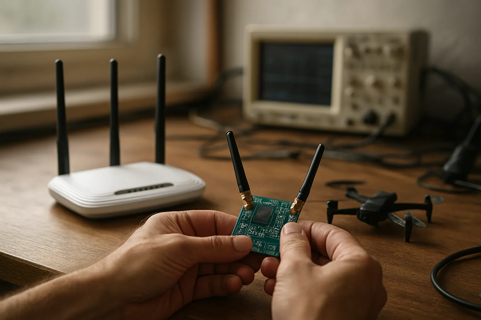 Una persona sostiene una placa electrónica conectada a antenas en una mesa de trabajo, con un dron y un router WiFi al fondo en un laboratorio casero.