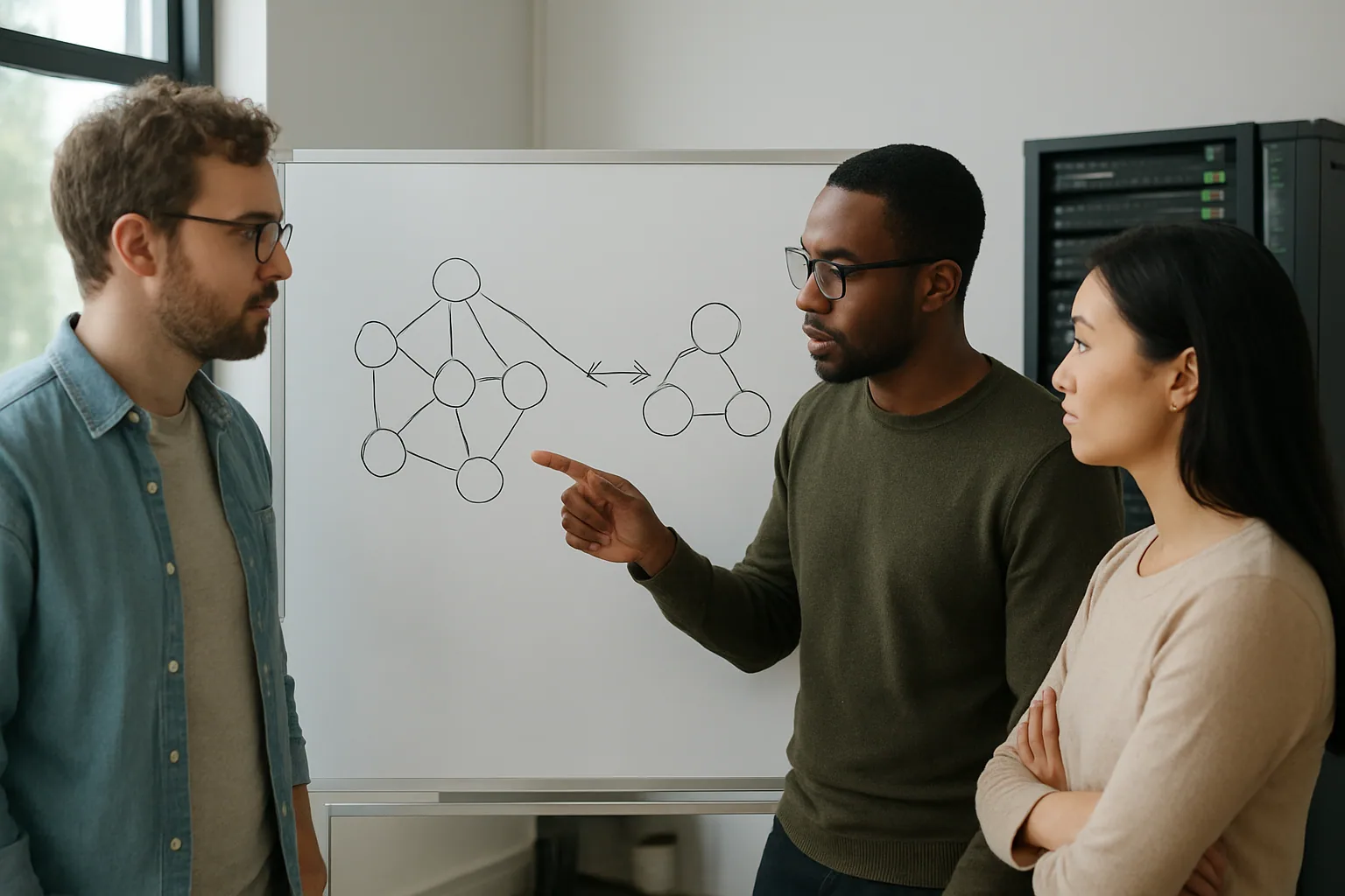 Un equipo de ingeniería revisa un diagrama de clúster en una sala de reuniones con pizarras y servidores al fondo.