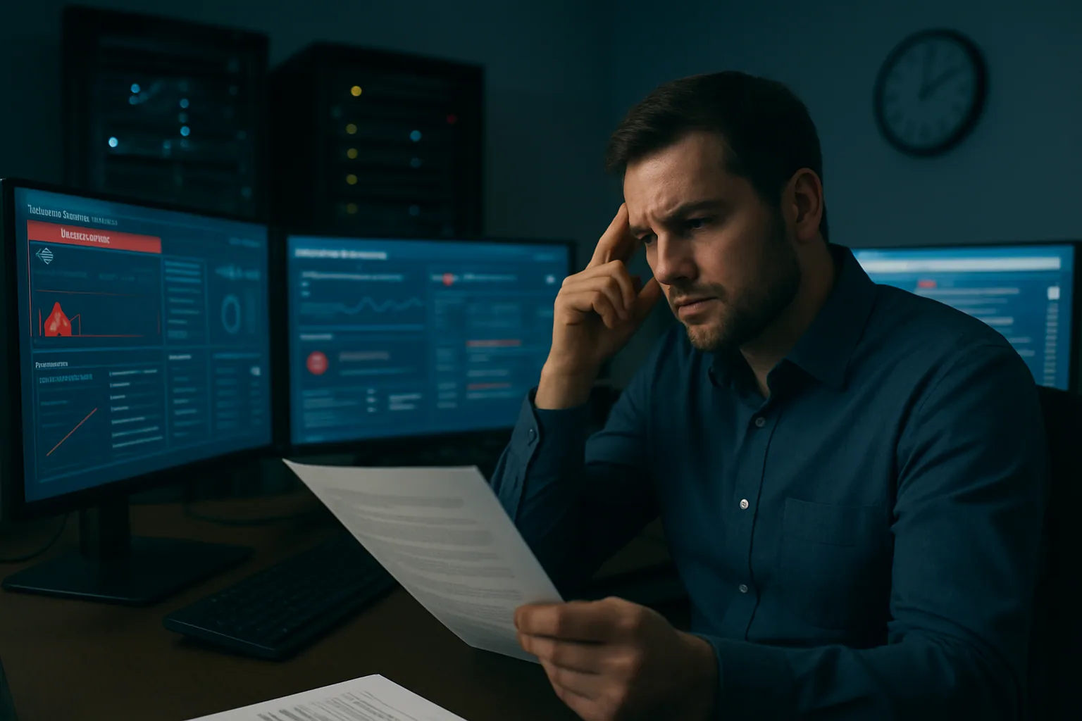 Un analista de ciberseguridad observa una sala de monitoreo con alertas de incidentes mientras revisa un informe sobre un ataque de ransomware autónomo con IA.