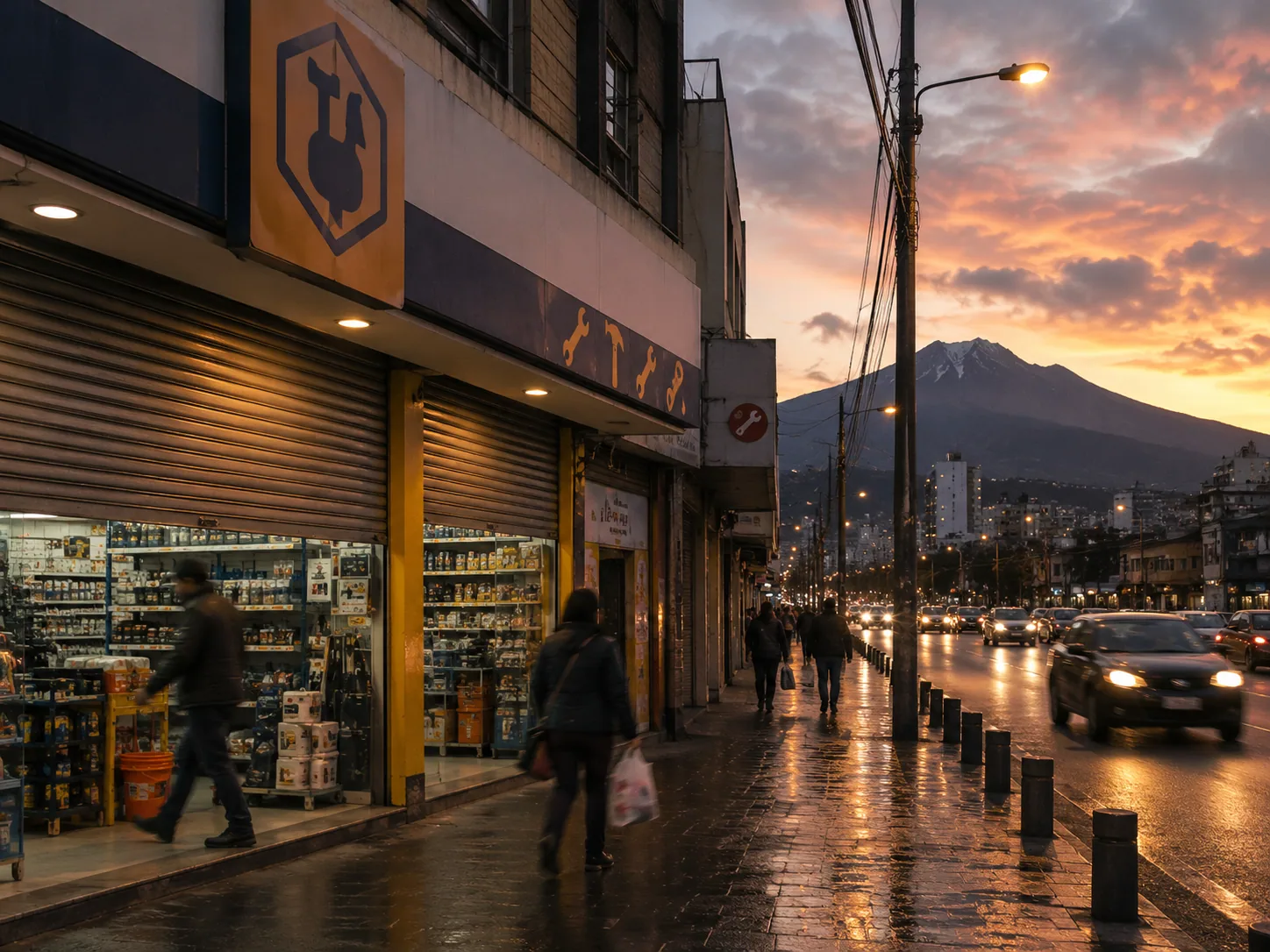 Fachada de una ferretería iluminada al atardecer en una avenida de Quito con el cielo nublado típico de los Andes, simbolizando una PYME ecuatoriana afectada por ransomware