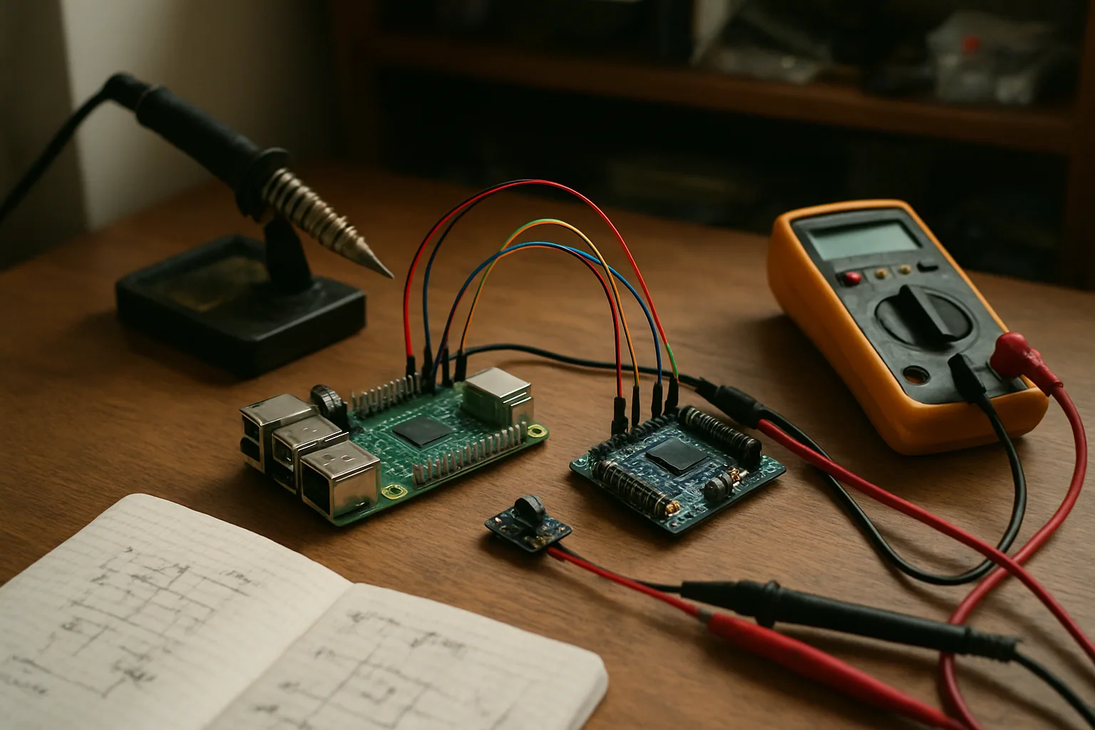 Una mesa de trabajo con una Raspberry Pi, una placa de microcontrolador, cables Dupont, un sensor y herramientas de prototipado en un taller de makers.