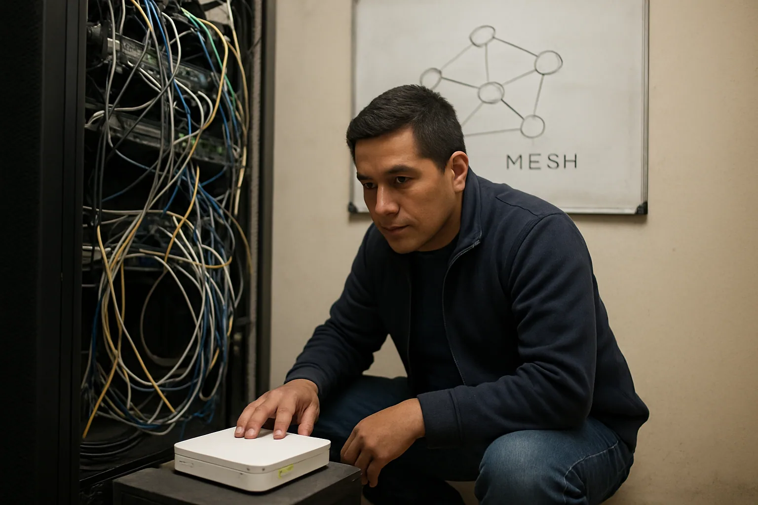 Un técnico revisa una red de cables y routers en un pequeño cuarto de servidores mientras varios equipos están conectados en una malla privada.