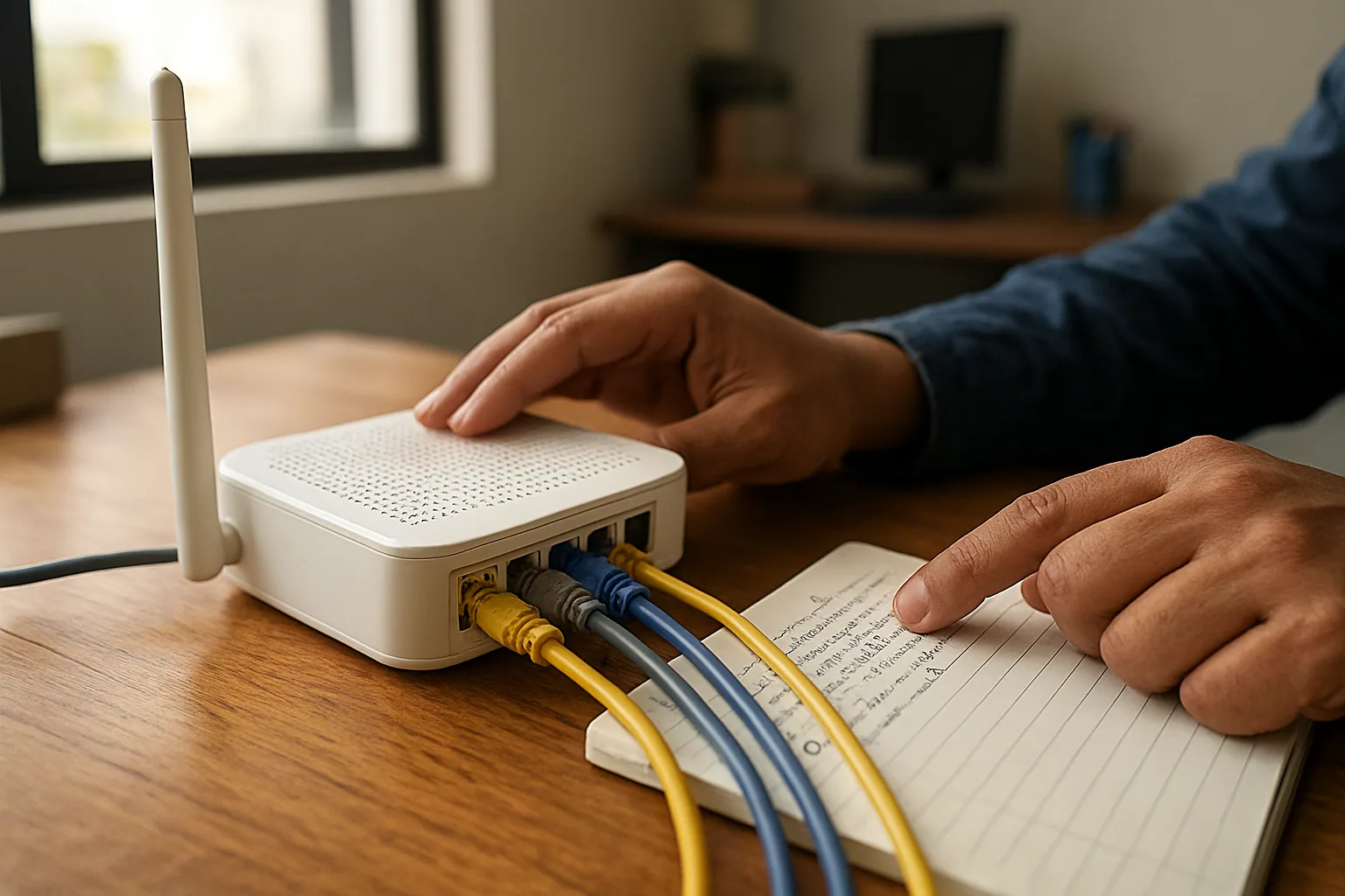 Un router doméstico Motorola MR2600 sobre un escritorio junto a cables de red y una libreta de administración de red.