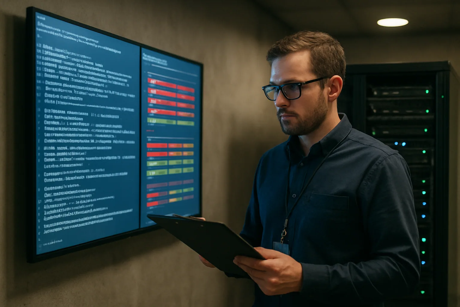 Una sala de operaciones de ciberseguridad con una pantalla mostrando logs de inferencia de IA, un analista revisando alertas y servidores al fondo.