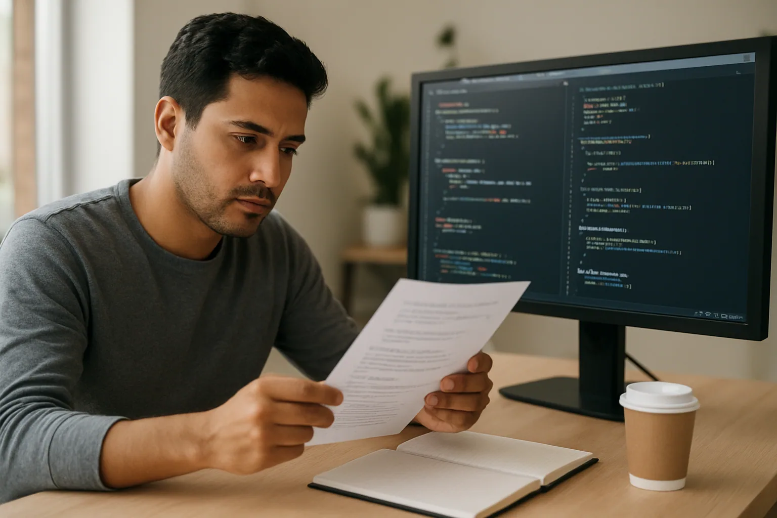 Una desarrolladora revisa código de React y Rust en una pantalla de escritorio dentro de una oficina de producto, con notas técnicas impresas junto al teclado.