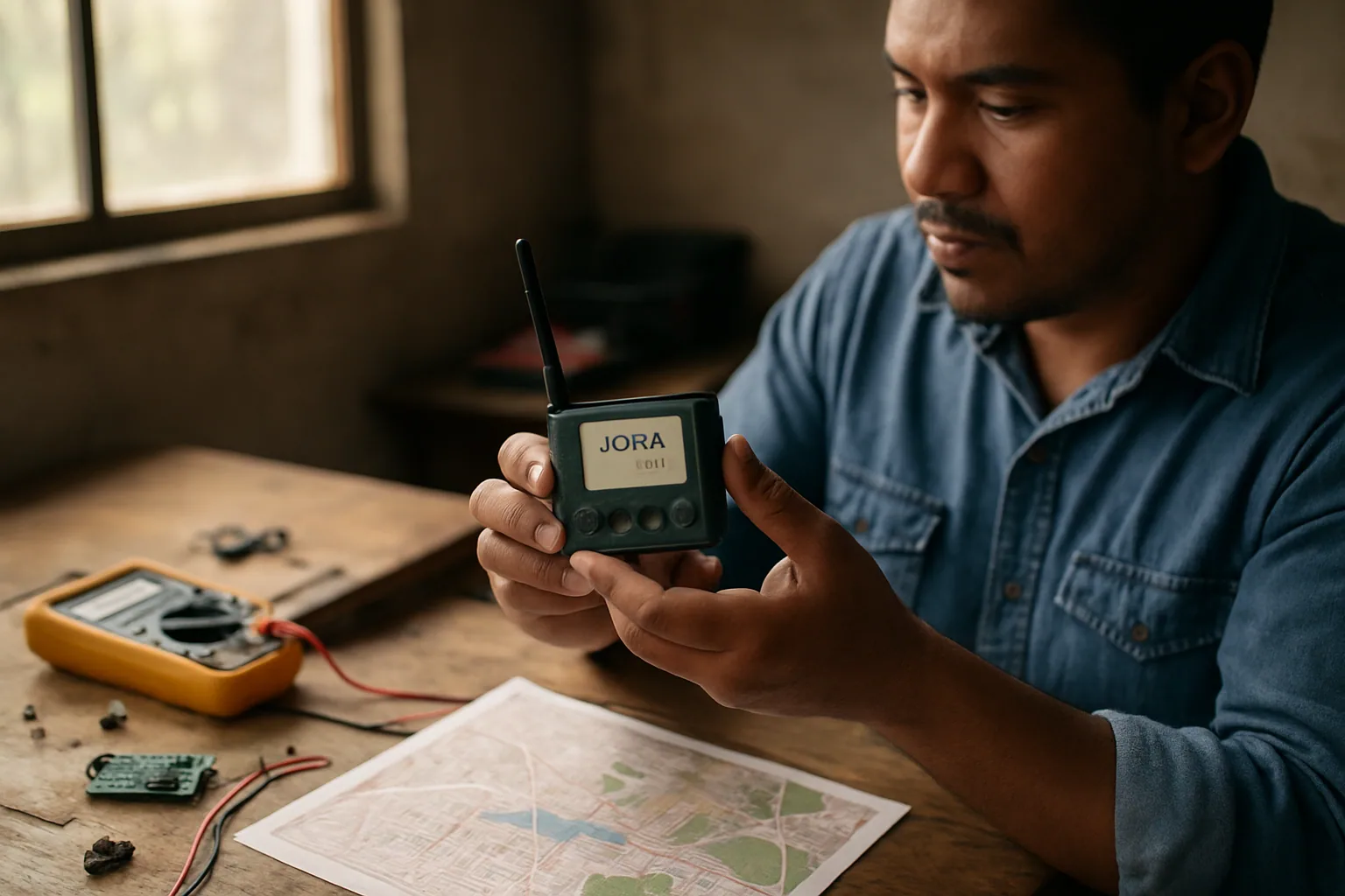 Una persona sostiene una radio LoRa portátil junto a una antena pequeña en una mesa de trabajo con mapas y herramientas de electrónica.