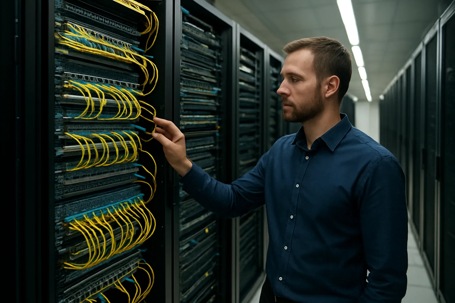 Un técnico de redes inspecciona un rack de switches y cableado en un datacenter con luces blancas y pasillos largos.