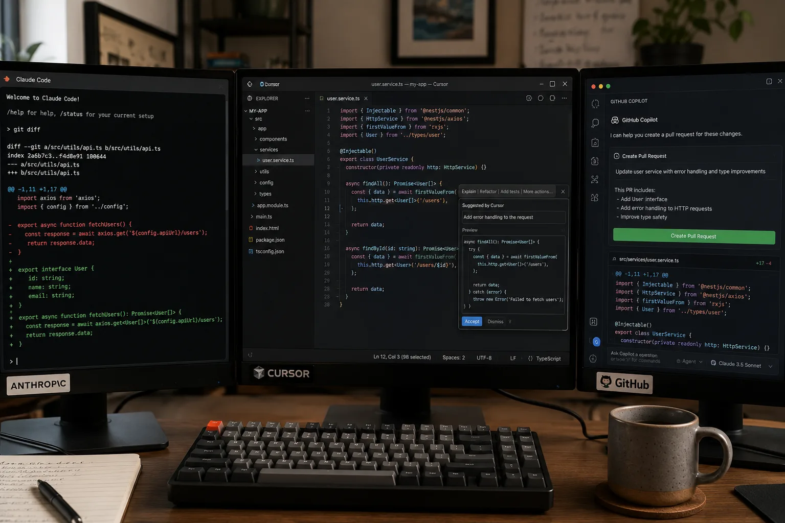 Tres IDEs lado a lado mostrando Claude Code en terminal, Cursor en editor y Copilot en VS Code analizando el mismo repositorio