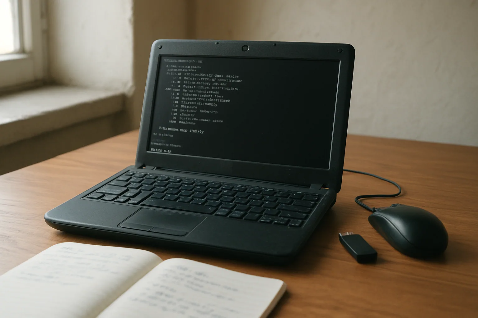 Un netbook pequeño y antiguo sobre una mesa de madera, junto a un teclado USB y una taza, con la pantalla mostrando una terminal de Linux durante una instalación.