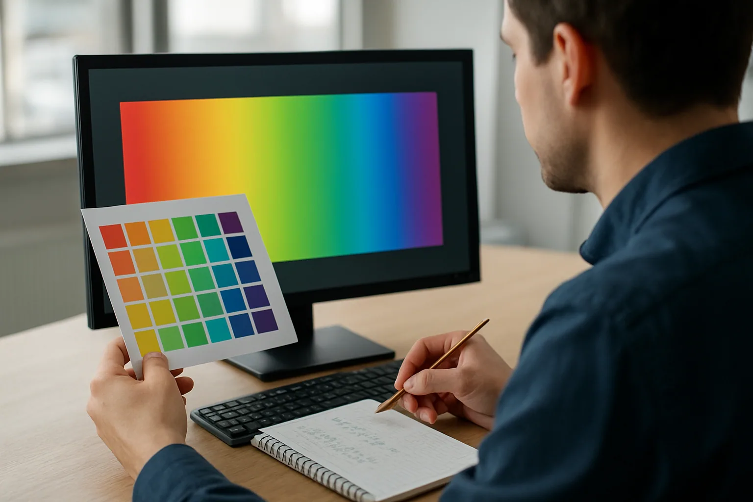 Una persona revisa en un monitor una carta de color RGB junto a un cuaderno con fórmulas de normalización.